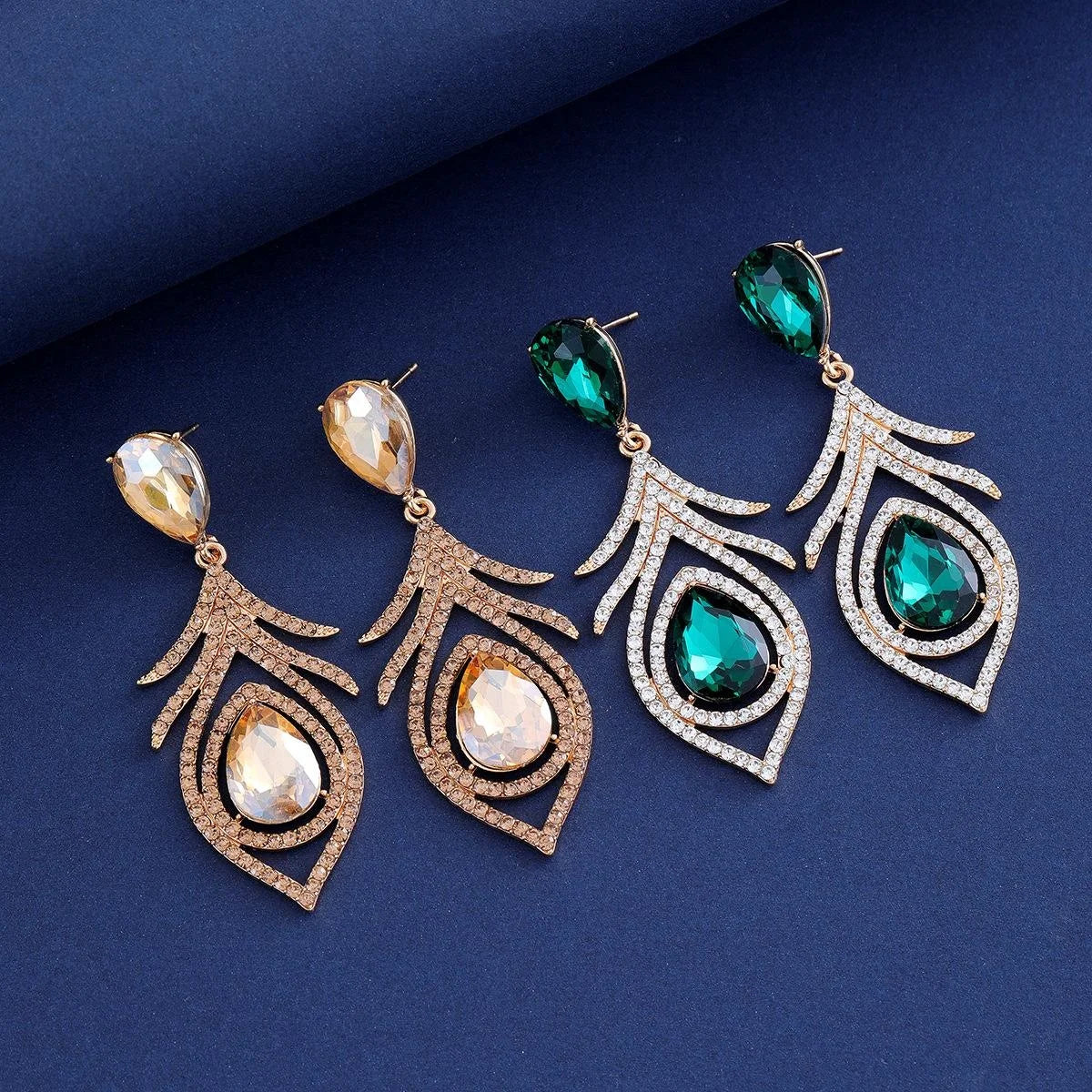 Luxury Green Teardrop Crystal Rhinestone Chandelier Earrings, Gold Tone Elegant Drop Jewelry For Wedding Party