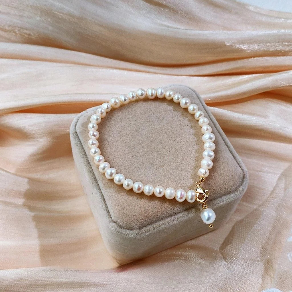 French Vintage Natural Freshwater Pearl 14K Gold Plated Geometric Bracelet For Women