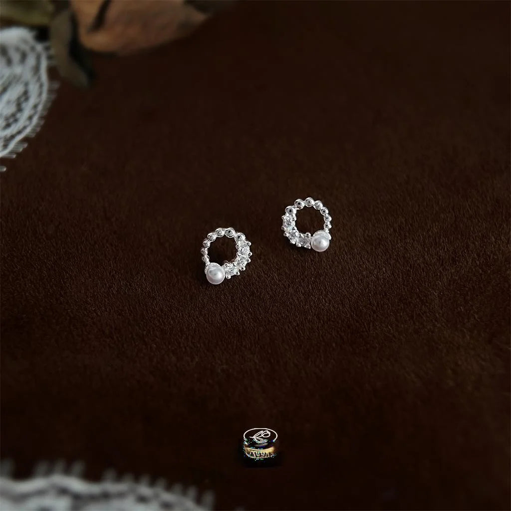 Tiny Silver Plated Micro Pave Zircon Geometric Round Stud Earrings Cute Minimalist Jewelry