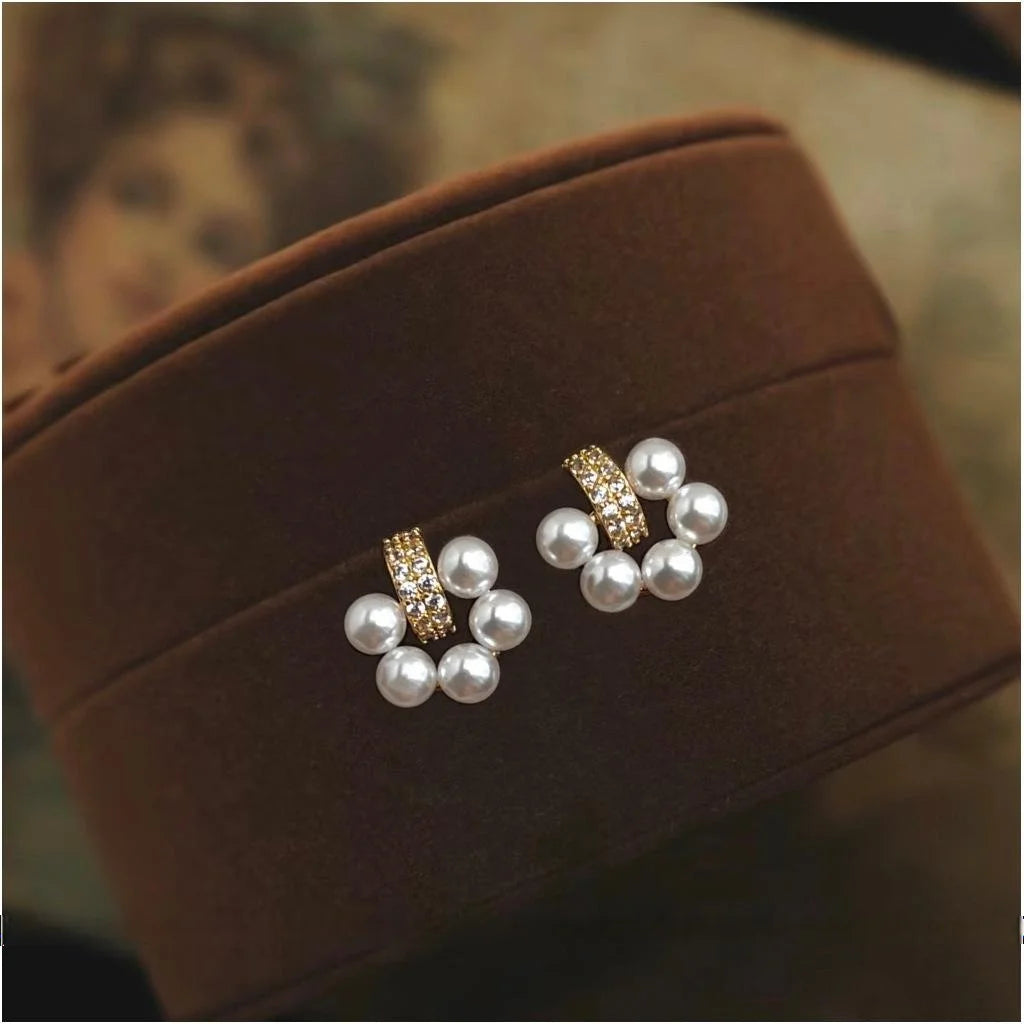 French Elegant Eco Copper Micro Pave Zircon Flower Round Pearl Stud Earrings For Women