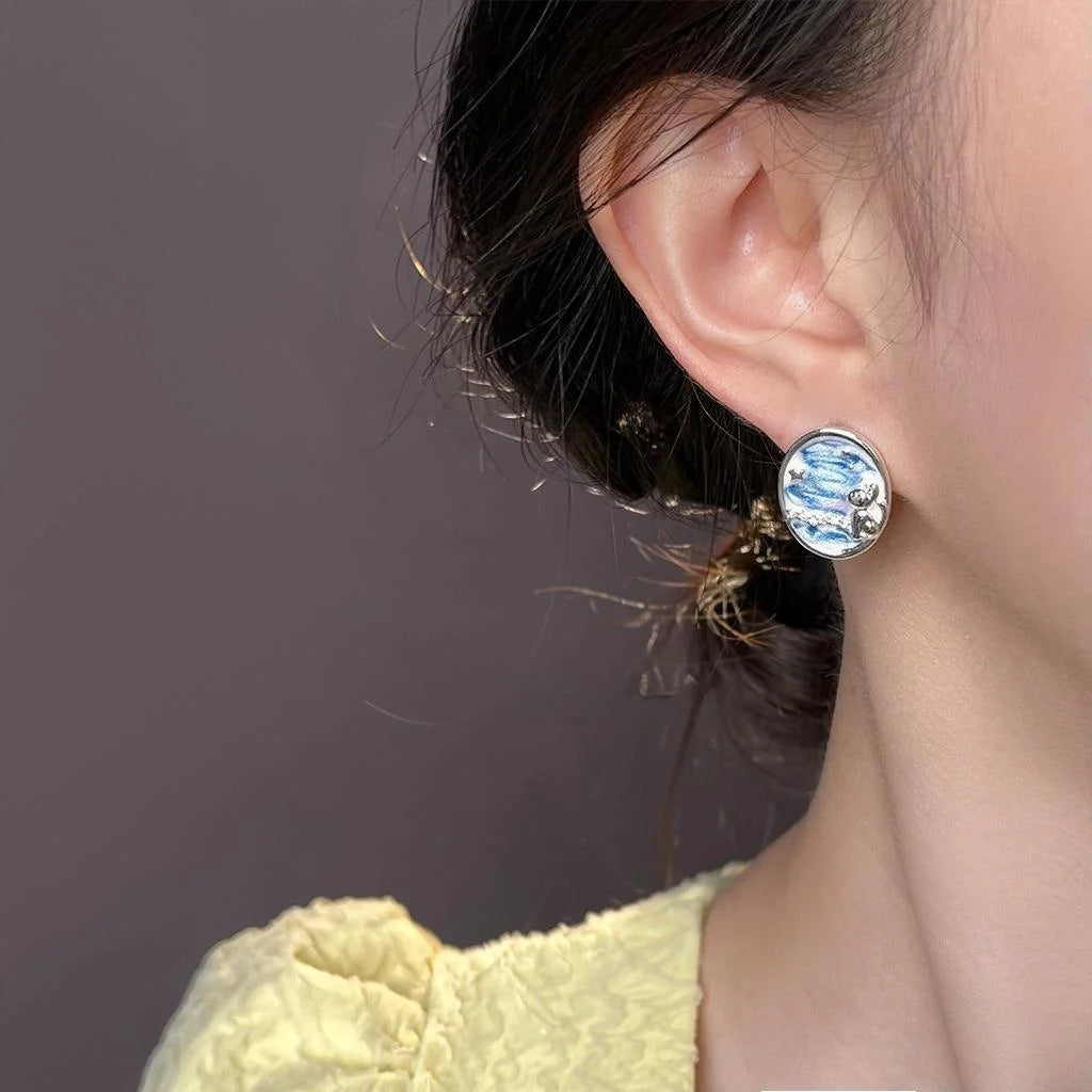 Designer Ocean Starry Sky Enamel Copper Cat Star Drop Earrings And Micro Pave Zircon