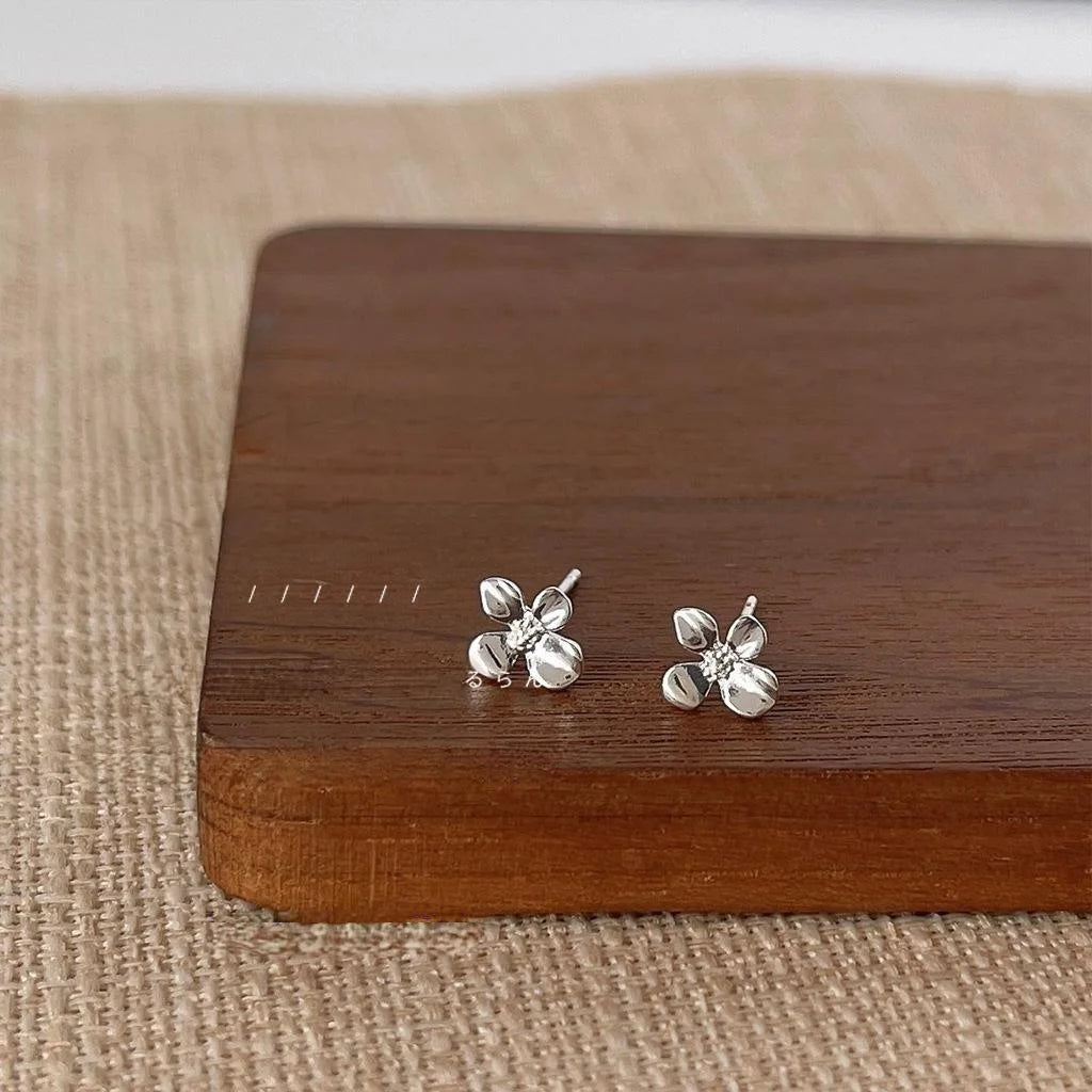 Silver Plated Copper Flower Petal Stud Earrings Minimalist Mini Everyday Jewelry