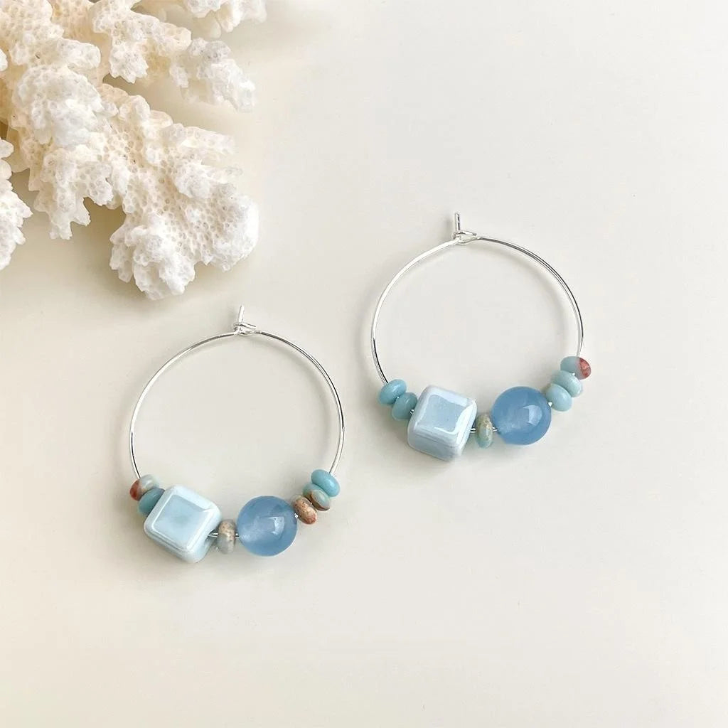 Handmade Blue Floral Geometric Copper Drop Earrings Fresh Vacation Style For Women