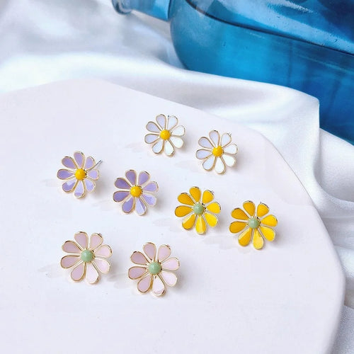 Korean Style 14K Gold Plated Alloy Daisy Enamel Stud Earrings