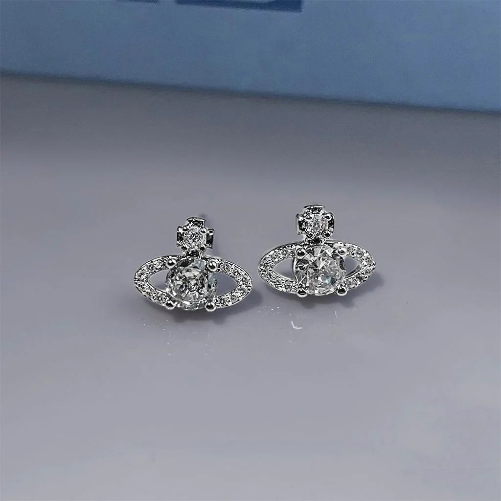 Delicate Micro Pave Zircon Saturn Stud Earrings, Geometric Ring Minimalist Style