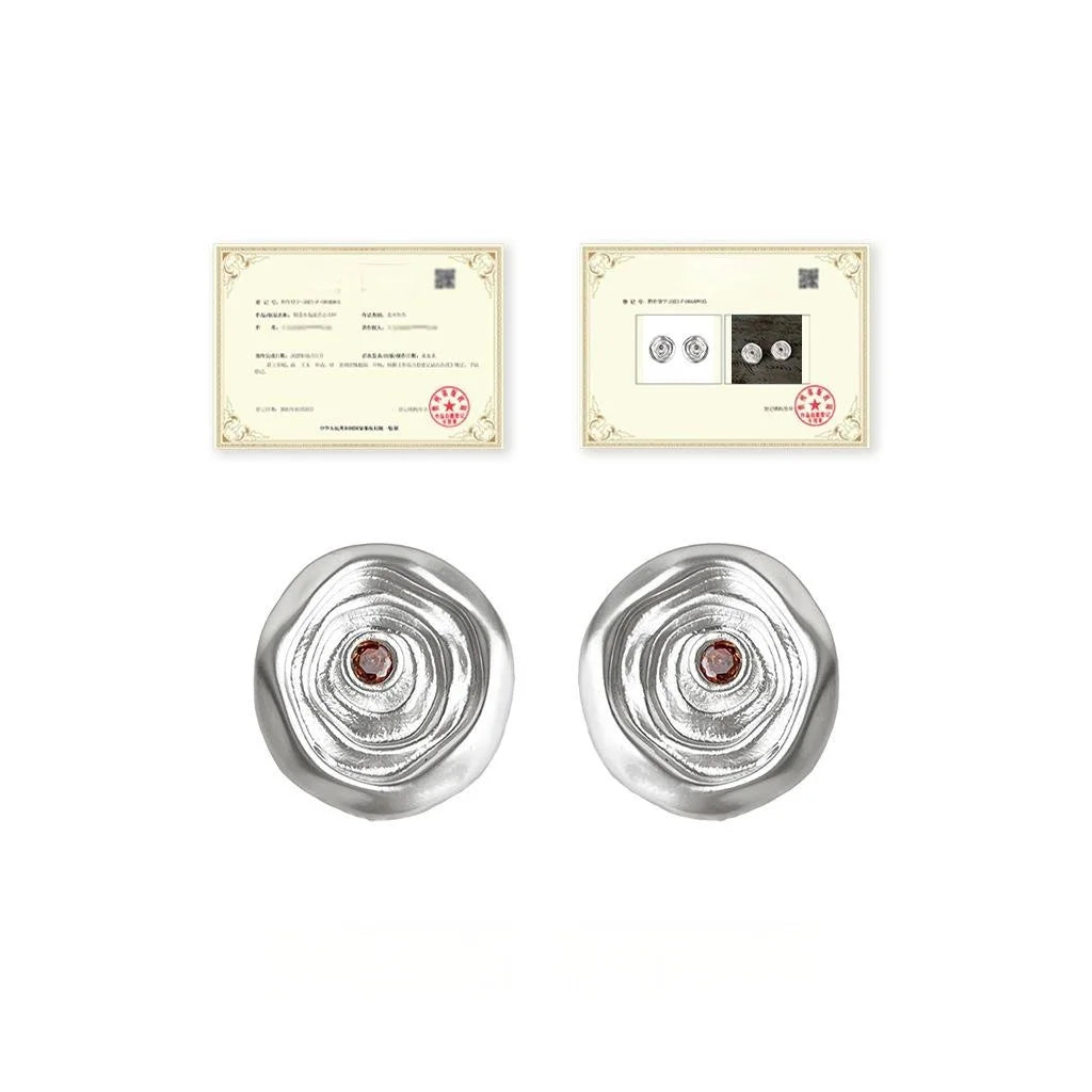 Original Textured New Chinese Matte Silver Plated Copper Zircon Round Stud Earrings