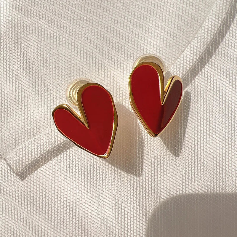 Luxury Red Enamel Heart Gold Tone Alloy Spiral Back Stud & Clip On No Piercing Women's Earrings