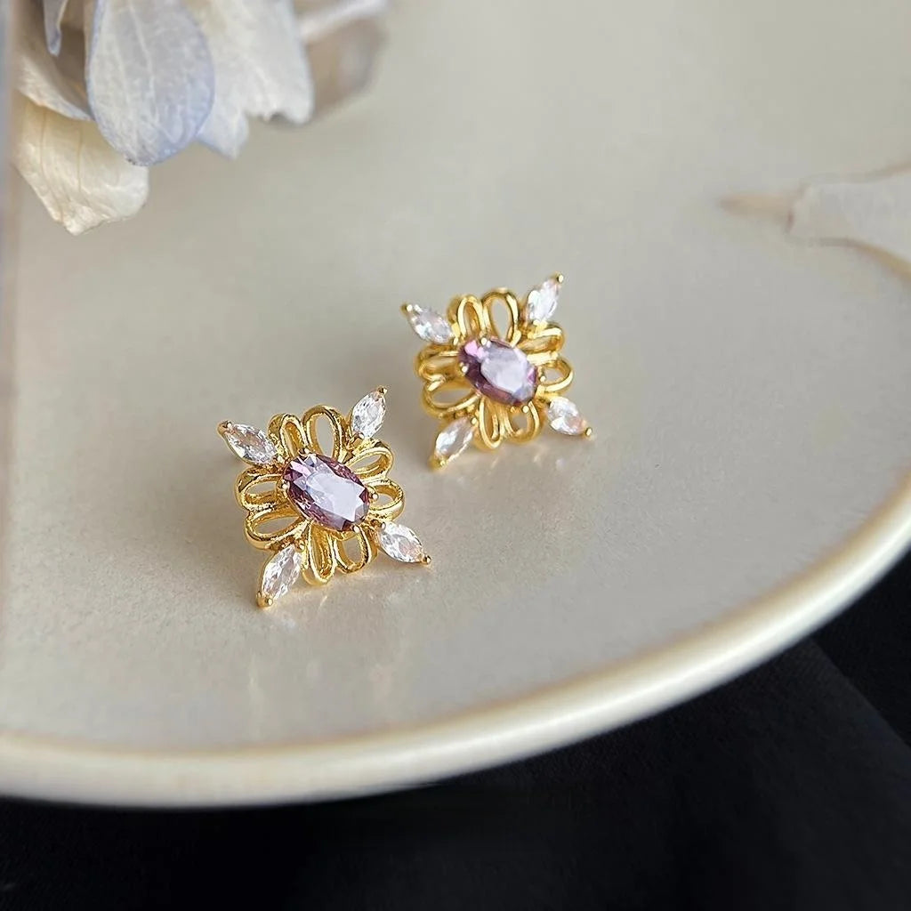 Original Light Luxury 14K Plated Copper Zircon Flower Stud Earrings