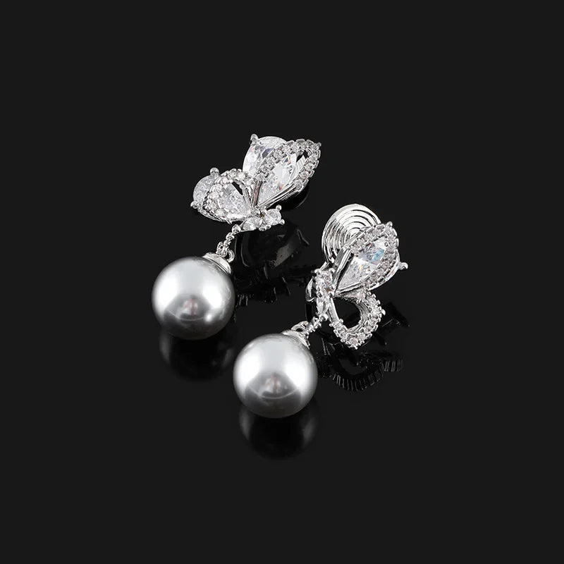 Luxury Zircon Butterfly Pearl Drop Stud & Clip On No Piercing Silver Gray Rhinestone Earrings