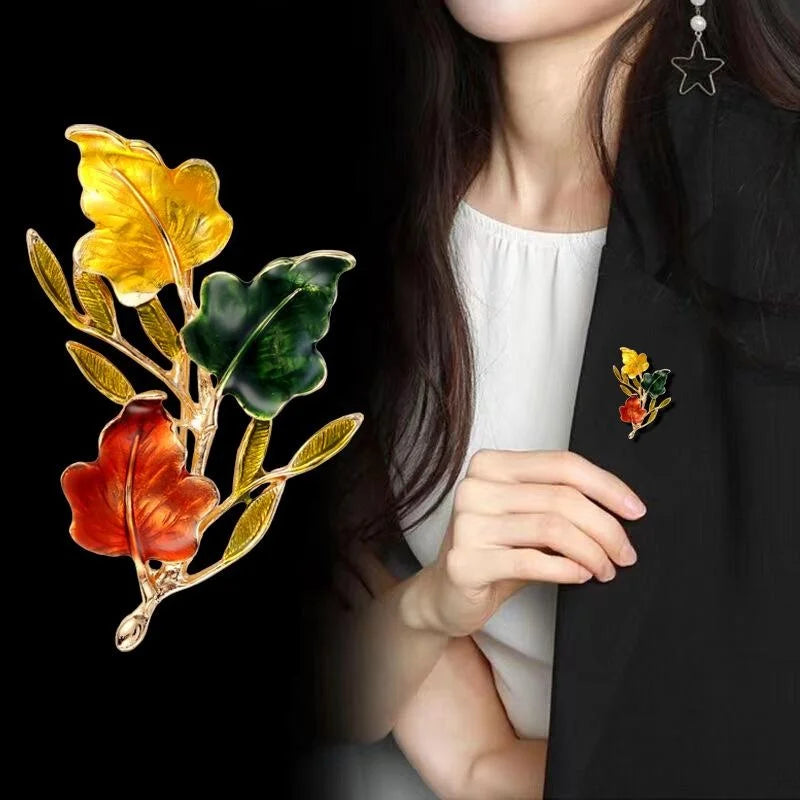 Elegant Enamel Flower And Leaf Brooch, Gold Tone Alloy Floral Lapel Pin Corsage Suit Accessory Gift