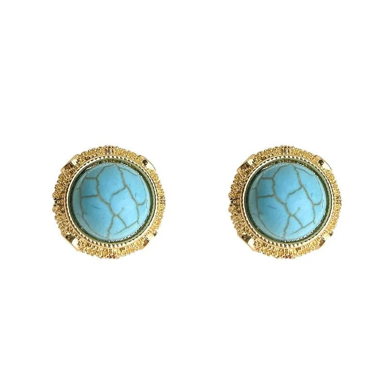 Vintage French Minimalist Synthetic Turquoise Round Geometric Copper Stud Earrings