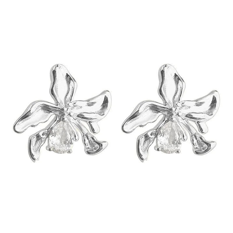 14K Gold Plated Copper Zircon Flower Stud Earrings Irregular Light Luxury Sweet Cool Jewelry