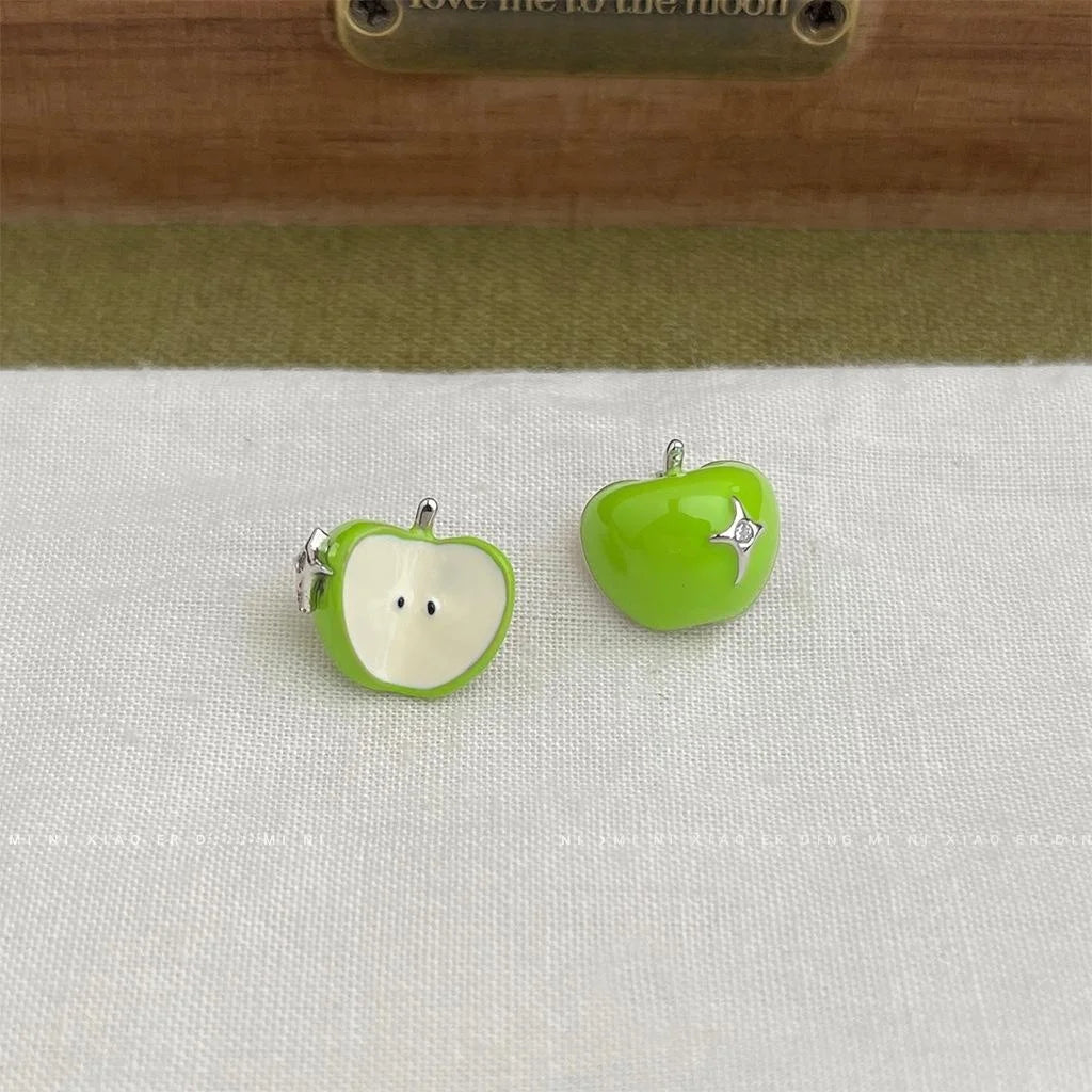 Asymmetric Green Apple Stud Earrings Copper Enamel Zircon Starburst Style for Women