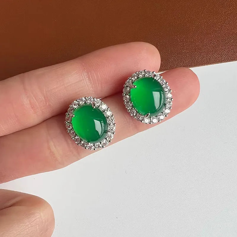 Elegant Oval Green Agate Rhinestone Halo Stud & Clip On No Piercing Vintage Chinese Style Earrings