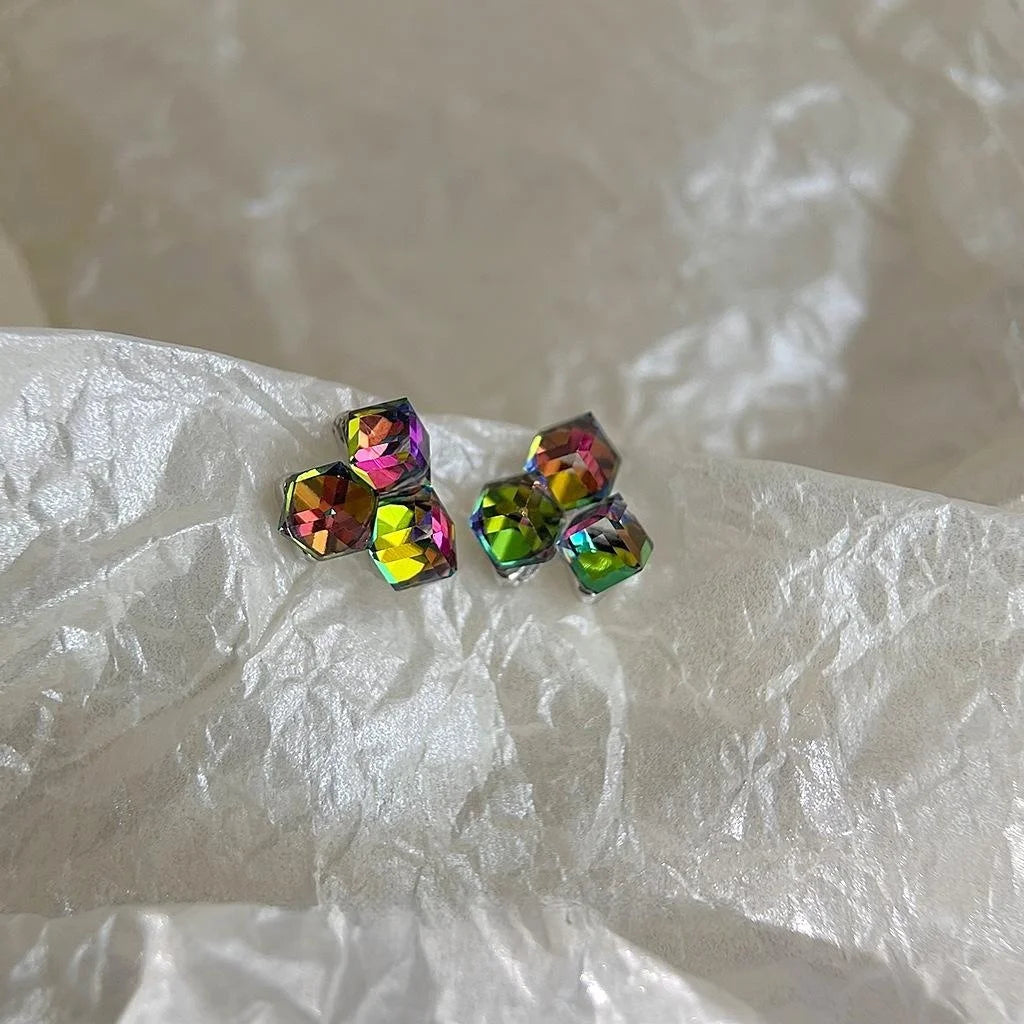 Iridescent Glass Crystal Cube Stud Earrings Geometric Light Luxury Unique Jewelry
