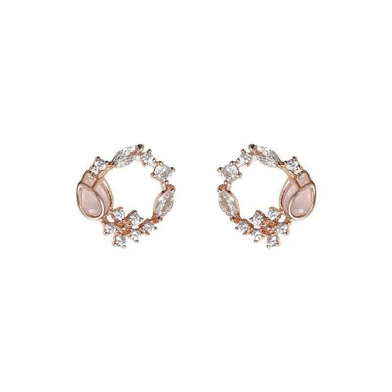 Sweet Rose Gold Floral Wreath Stud Earrings With Glass Cat Eye Stone And Micro Pave Zircon