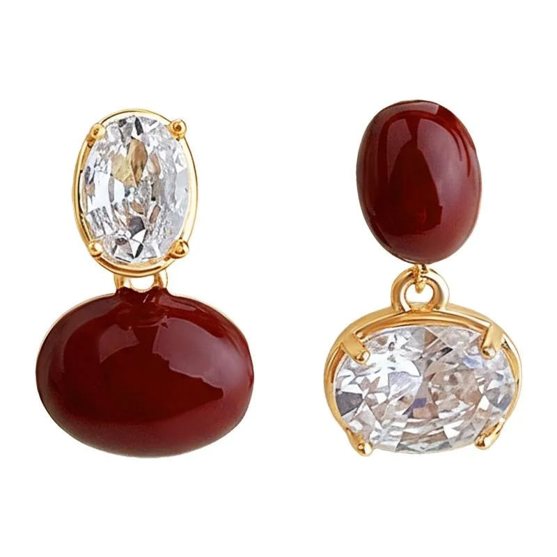 Vintage Hepburn Wine Red Enamel Zircon Copper Geometric S Drop Earrings