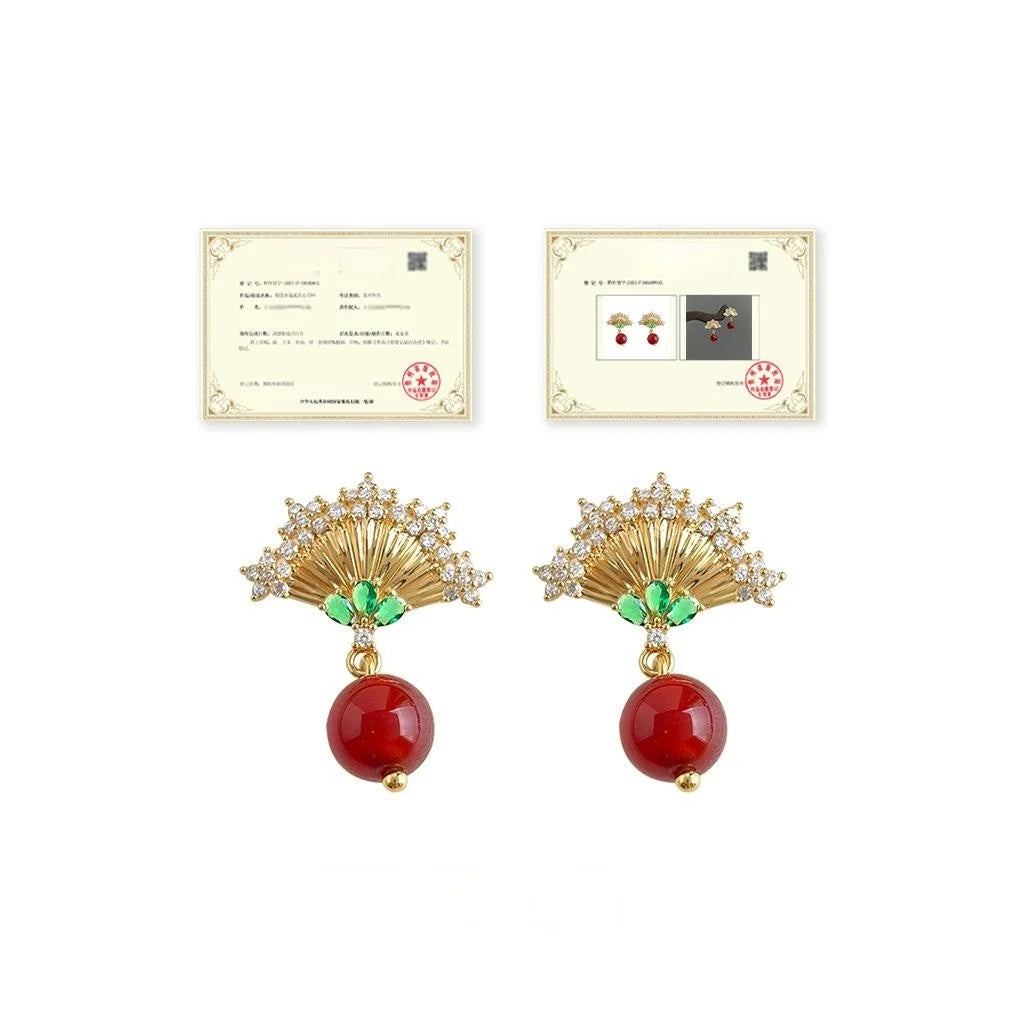 Original Chinese Style Micro Pave Zircon Fan Red Agate Ethnic Drop Earrings