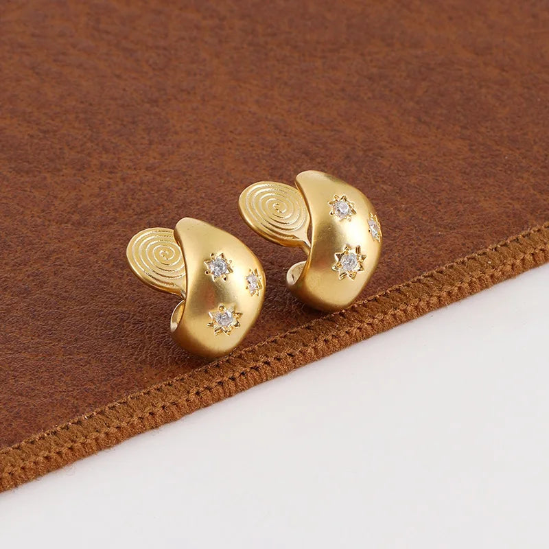 Elegant Matte Gold Alloy Waterdrop Bean Spiral Star Zircon Stud & Clip On No Piercing Earrings