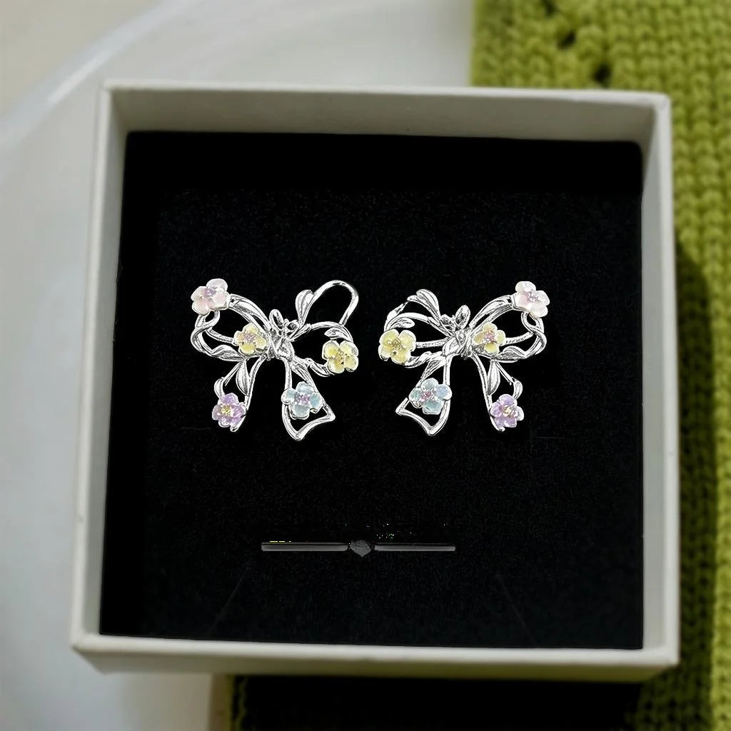 Sweet Fresh Bow Stud Earrings Copper Zircon Hollow Flower Enamel Painted Cute Jewelry