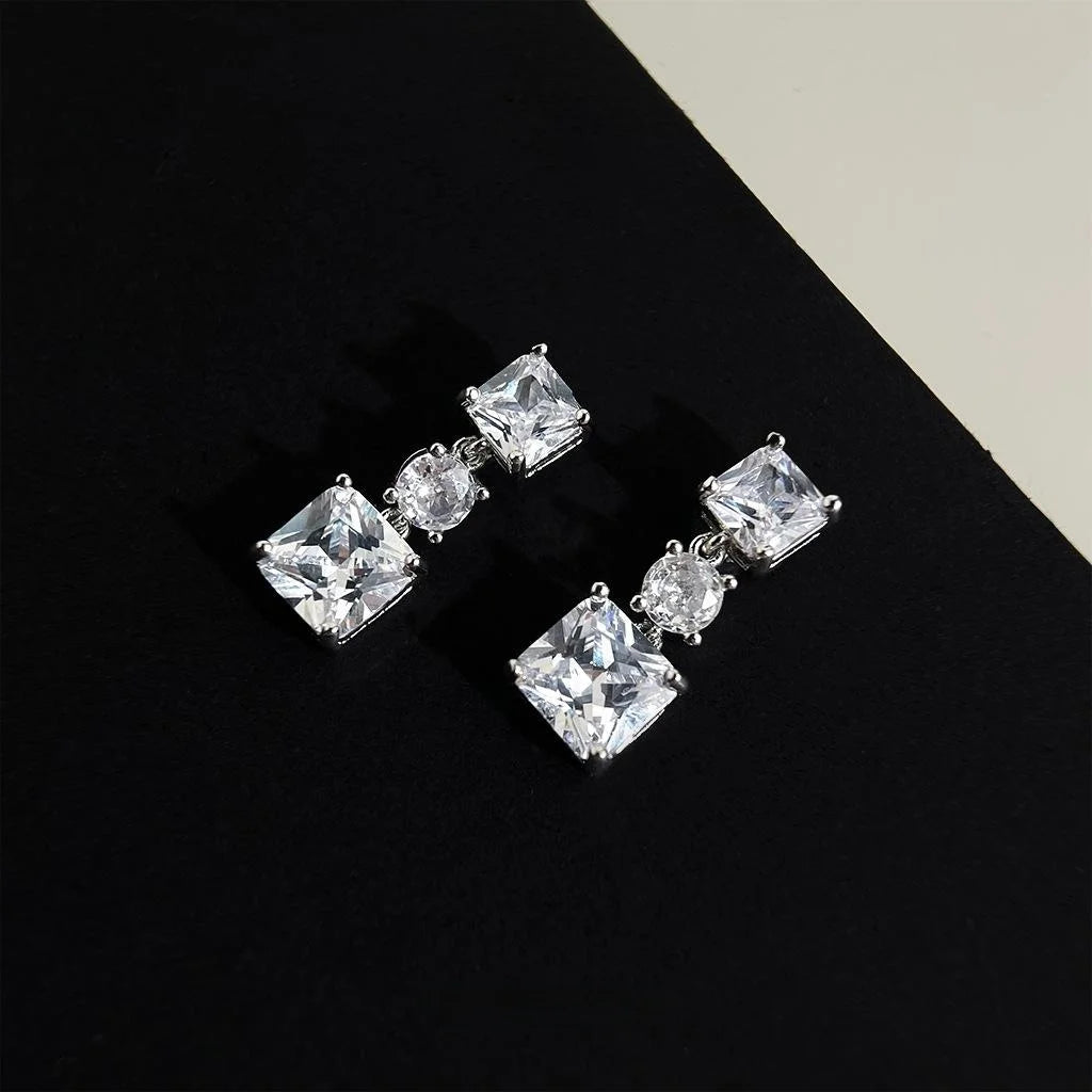 Light Luxury Micro Pave Zircon Square Geometric Long Tassel Eco Copper Stud Earrings