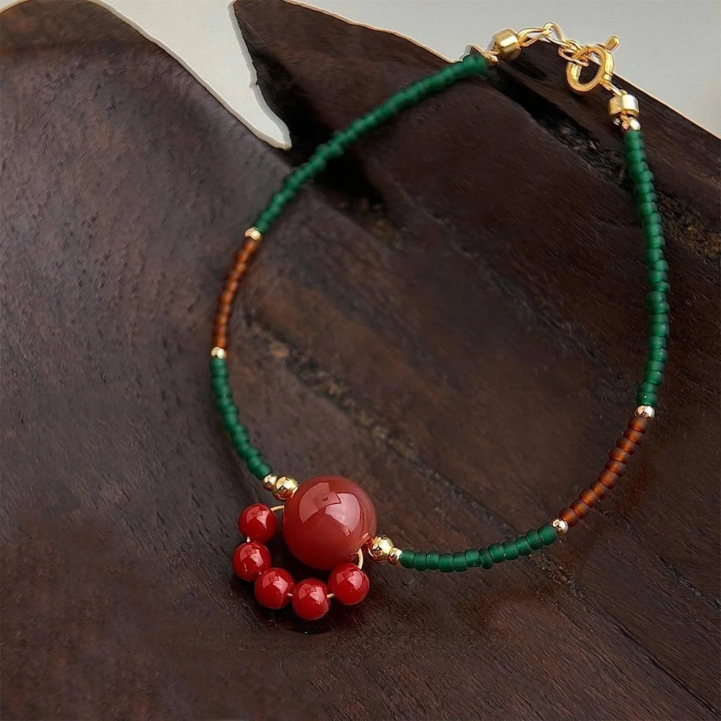 Natural Stone Red Agate Cat Paw Bracelet New Chinese Geometric Round Bead Designer Bracelet for Women