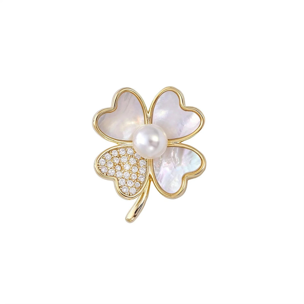 Elegant Floral Four Leaf Clover Brooch With Mother Of Pearl Rhinestone Alloy Lapel Pin Corsage Gift