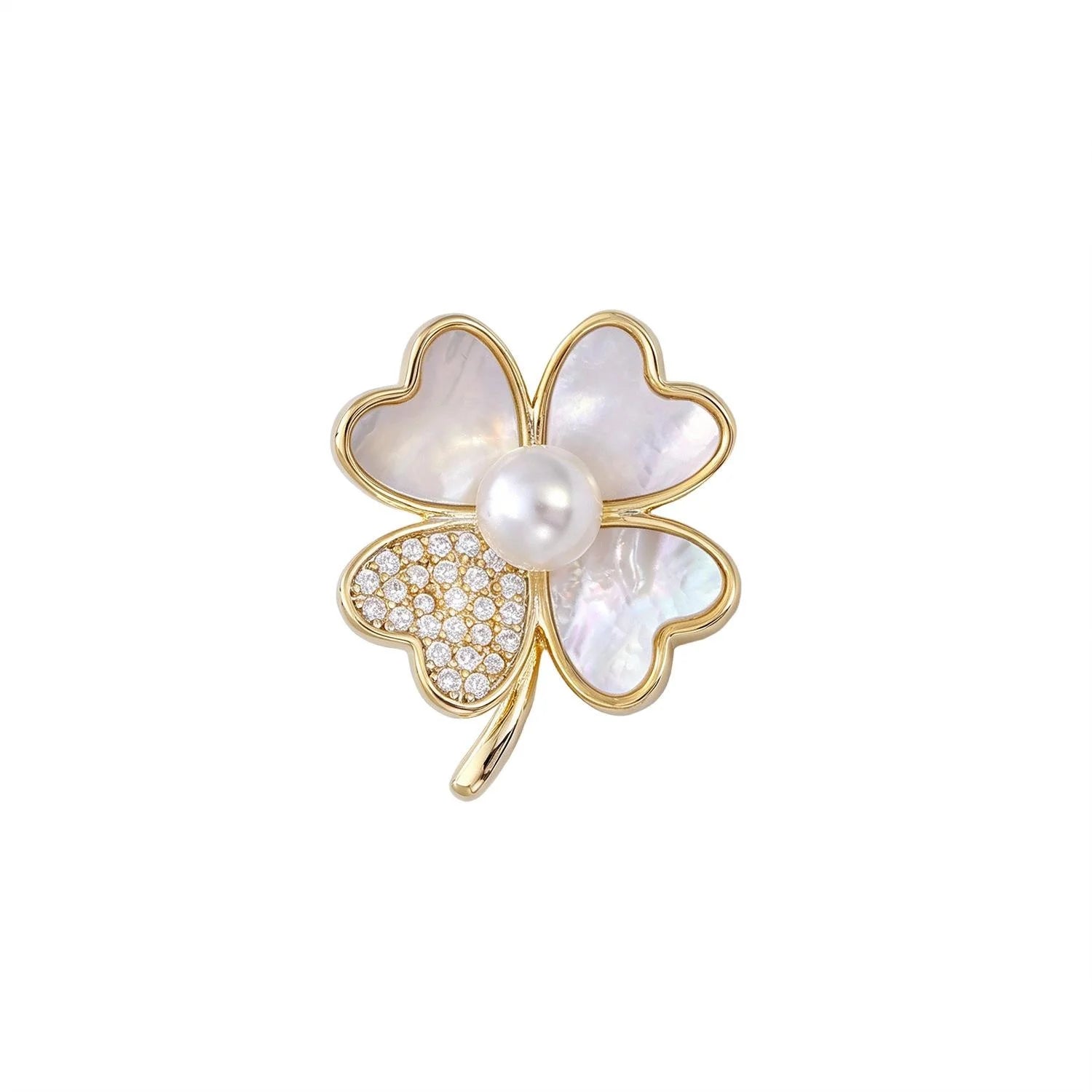 Elegant Floral Four Leaf Clover Brooch With Mother Of Pearl Rhinestone Alloy Lapel Pin Corsage Gift