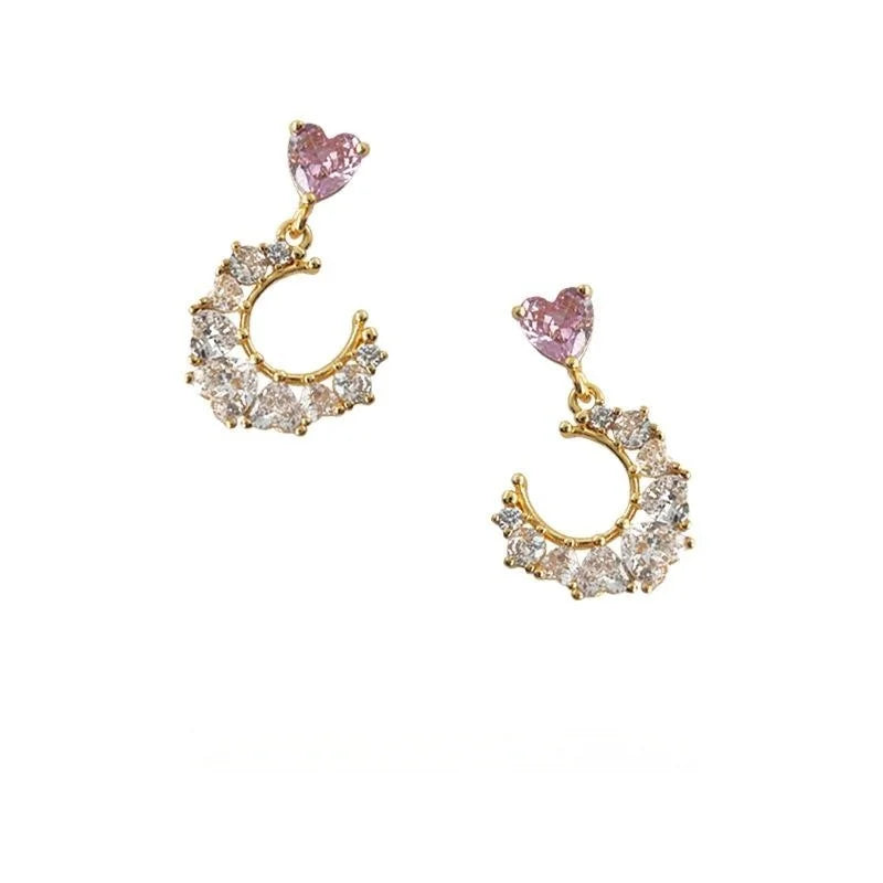 Light Luxury Copper Zircon Moon Heart Geometric Drop Earrings