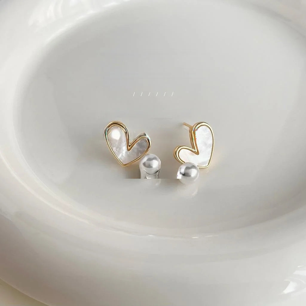 Minimalist Heart Shell Pearl Stud Earrings Copper Geometric Sweet Elegant Jewelry