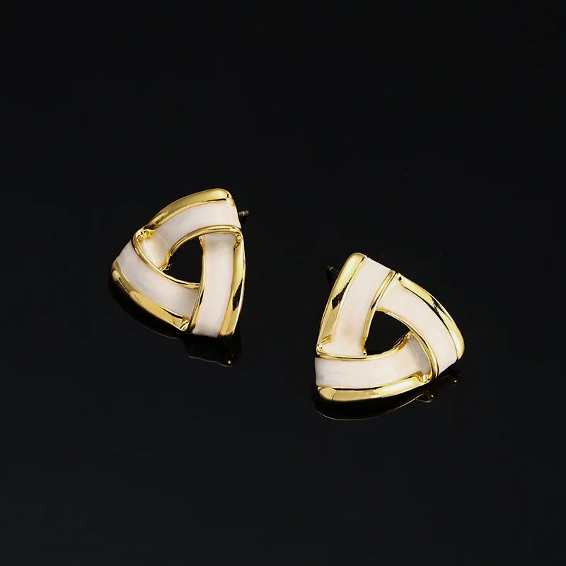 Vintage Geometric Triangle Gold Alloy White Enamel Stud & Clip On No Piercing Statement Earrings
