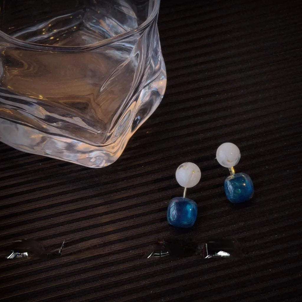 Semi Transparent Blue Geometric Square Copper 14K Plated Stud Earrings Korean Chic Jewelry