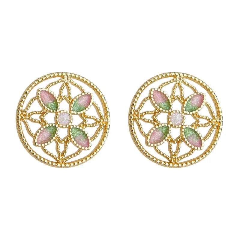 Original Chinese Style Enamel Painted Lotus Copper Stud Earrings With Silver Plated Pins