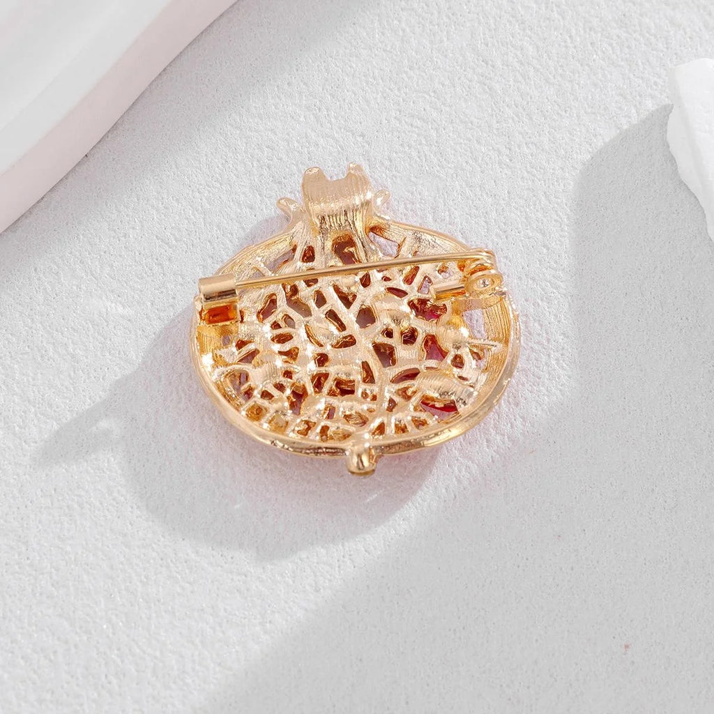 Elegant Pomegranate Brooch With Pink Rhinestones And Gold Alloy Fruit Design Lapel Pin For Suit Accessory