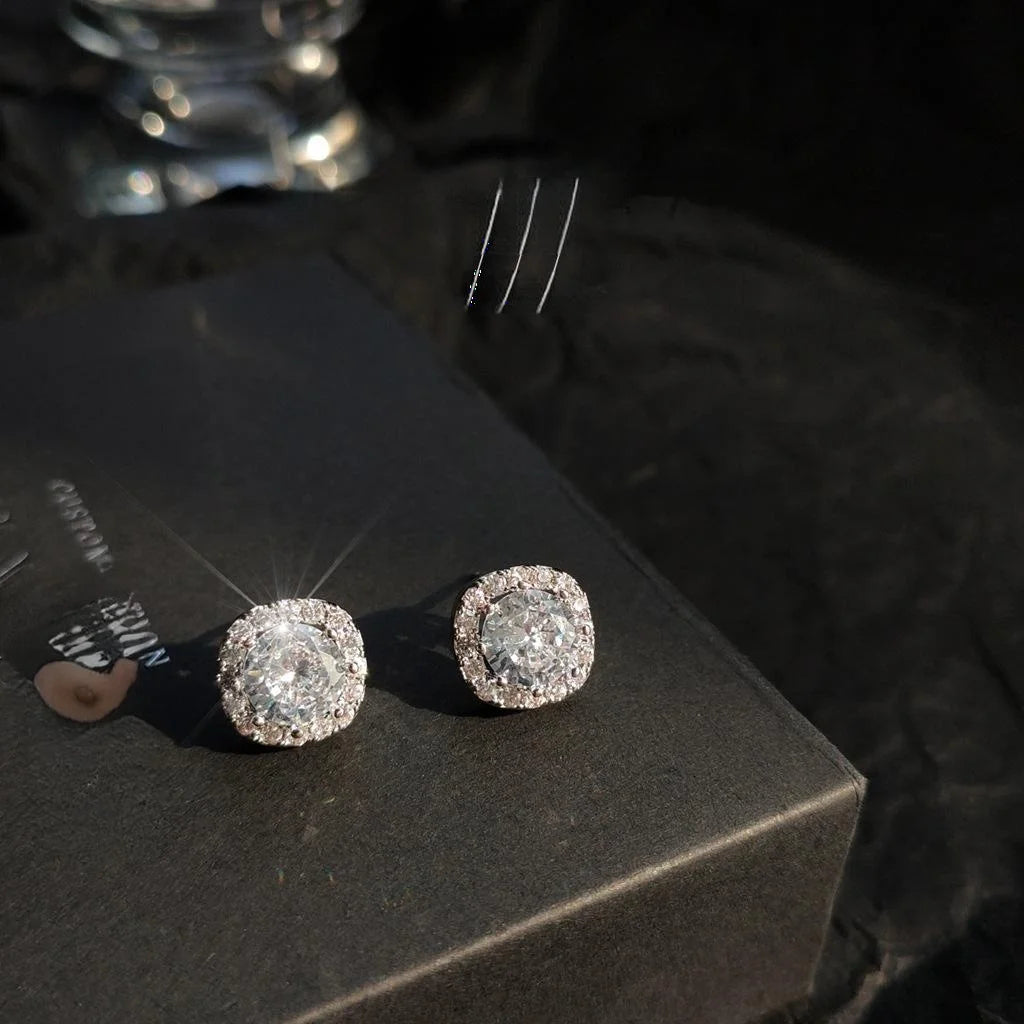 Micro Pave Zircon Square Geometric Stud Earrings, Silver Plated Copper Minimalist Korean Style