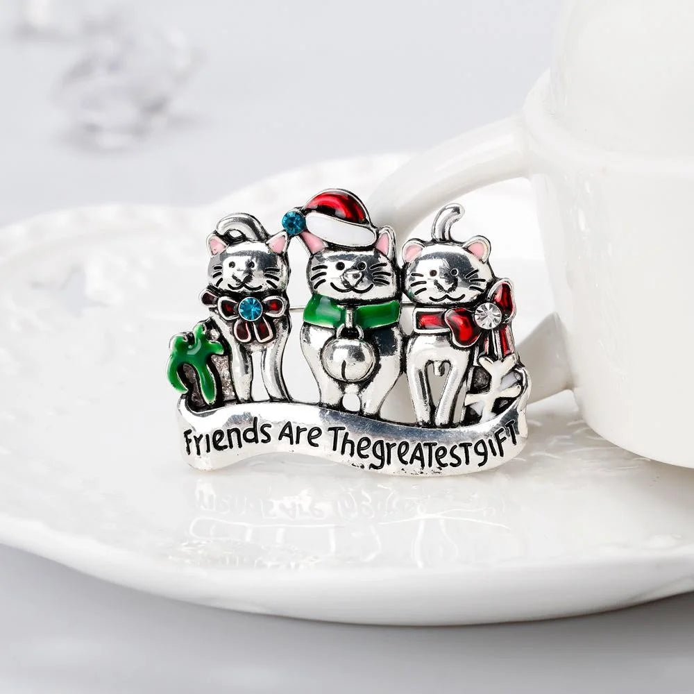 Cute Christmas Three Cats Alloy Enamel Rhinestone Brooch, Vintage Women's Lapel Pin Suit Accessory Gift