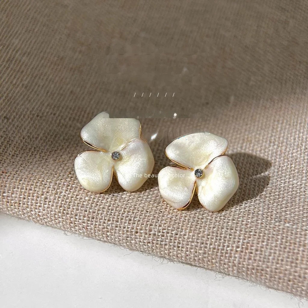 14K Gold Plated Copper Iris Flower Stud Earrings Sweet Elegant Quicksand Texture Jewelry