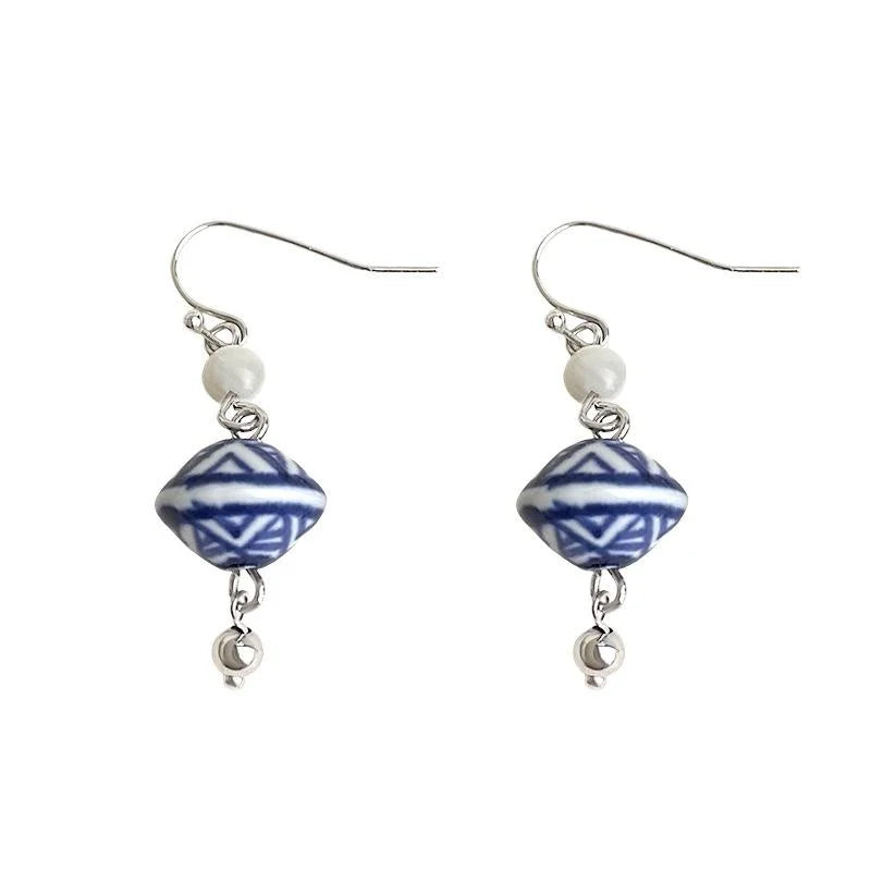 Handmade Chinese Style Blue And White Porcelain Ceramic Shell Geometric Diamond Drop Earrings