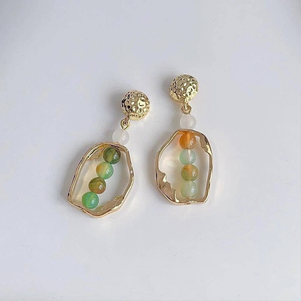 French Vintage Agate Beaded Irregular Hollow Hammered Metal Geometric Drop Earrings