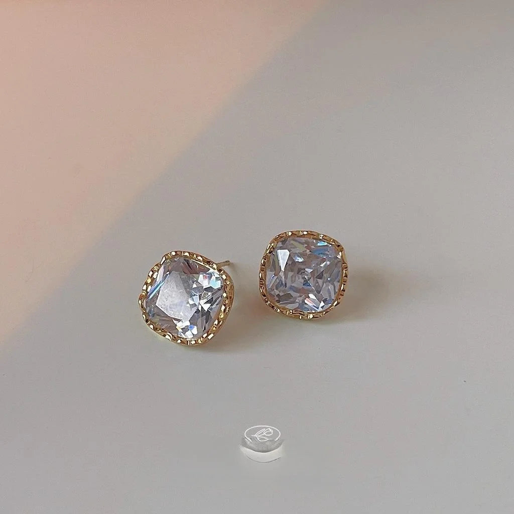 14K Gold Plated Sparkling Square Zircon Stud Earrings Minimalist Geometric Office Jewelry