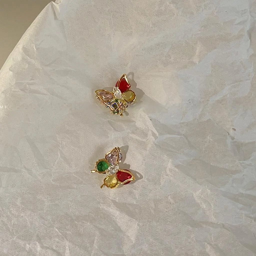 Cute Colorful Zircon Butterfly Stud Earrings 14K Plated Copper Sweet Fresh Jewelry