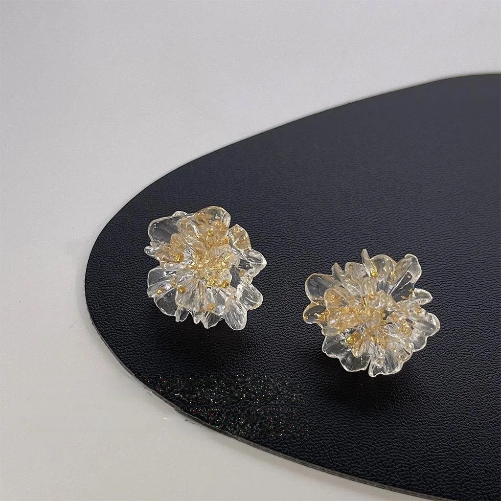 Transparent 3D Resin Flower Stud Earrings With Gold Foil Fresh Spring Summer Jewelry