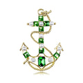 Vintage Baroque Anchor Brooch With Green Rhinestones And Faux Pearls, Luxury Nautical Lapel Pin Gift