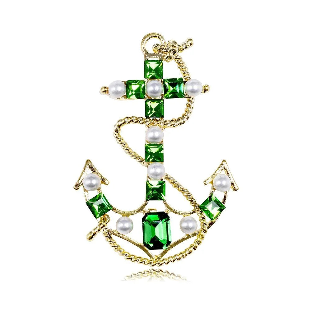 Vintage Baroque Anchor Brooch With Green Rhinestones And Faux Pearls, Luxury Nautical Lapel Pin Gift