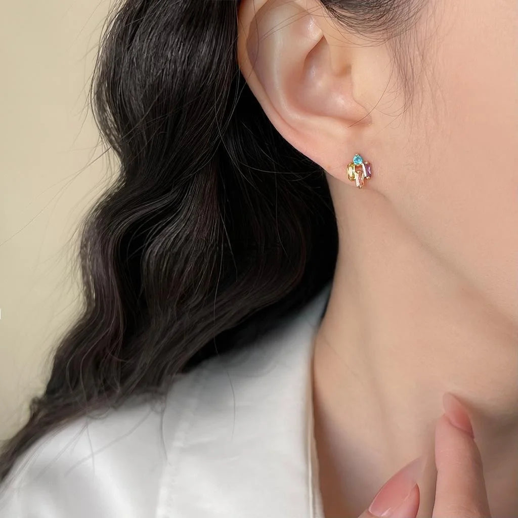 Colorful Micro Pave Zircon Geometric Stud Earrings Sweet Summer Mini Jewelry For Women