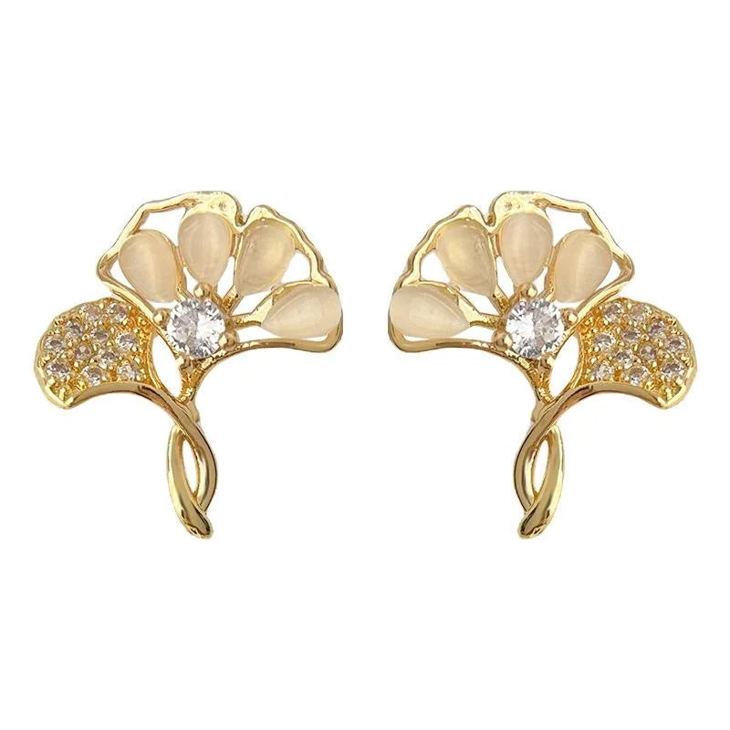 14K Plated Copper Ginkgo Leaf Stud Earrings With Glass Cat Eye Stone And Zircon, Light Luxury Jewelry