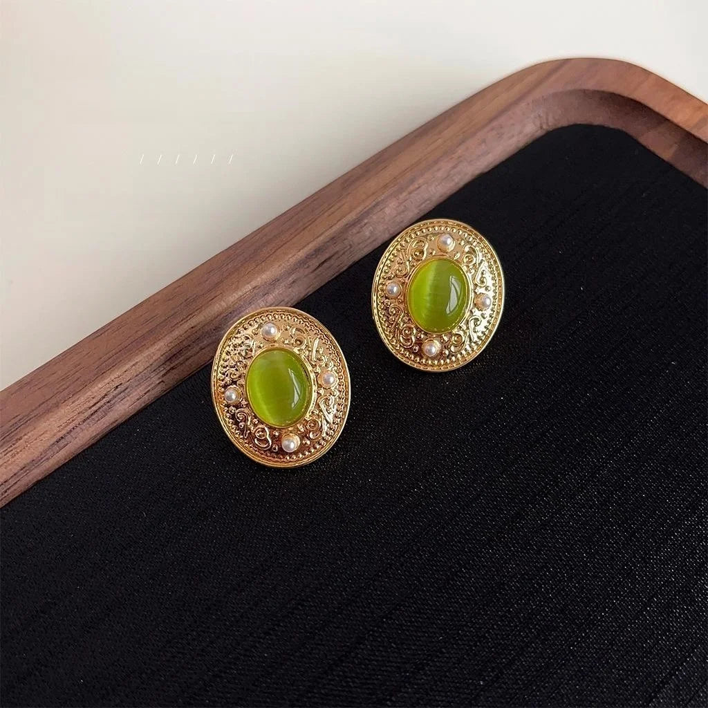 French Vintage Green Glass Cat Eye Oval Pearl Copper Stud Earrings Elegant Geometric Jewelry