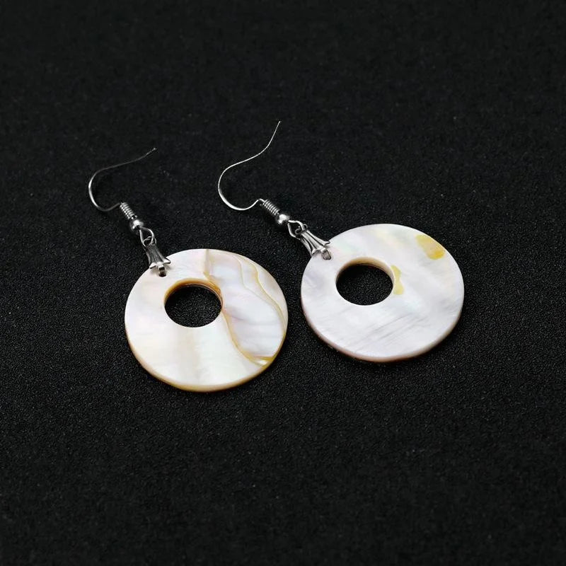 Elegant Natural Shell Round Drop Earrings For Women, Iridescent Alloy Hook Dangle Jewelry For Party Gift