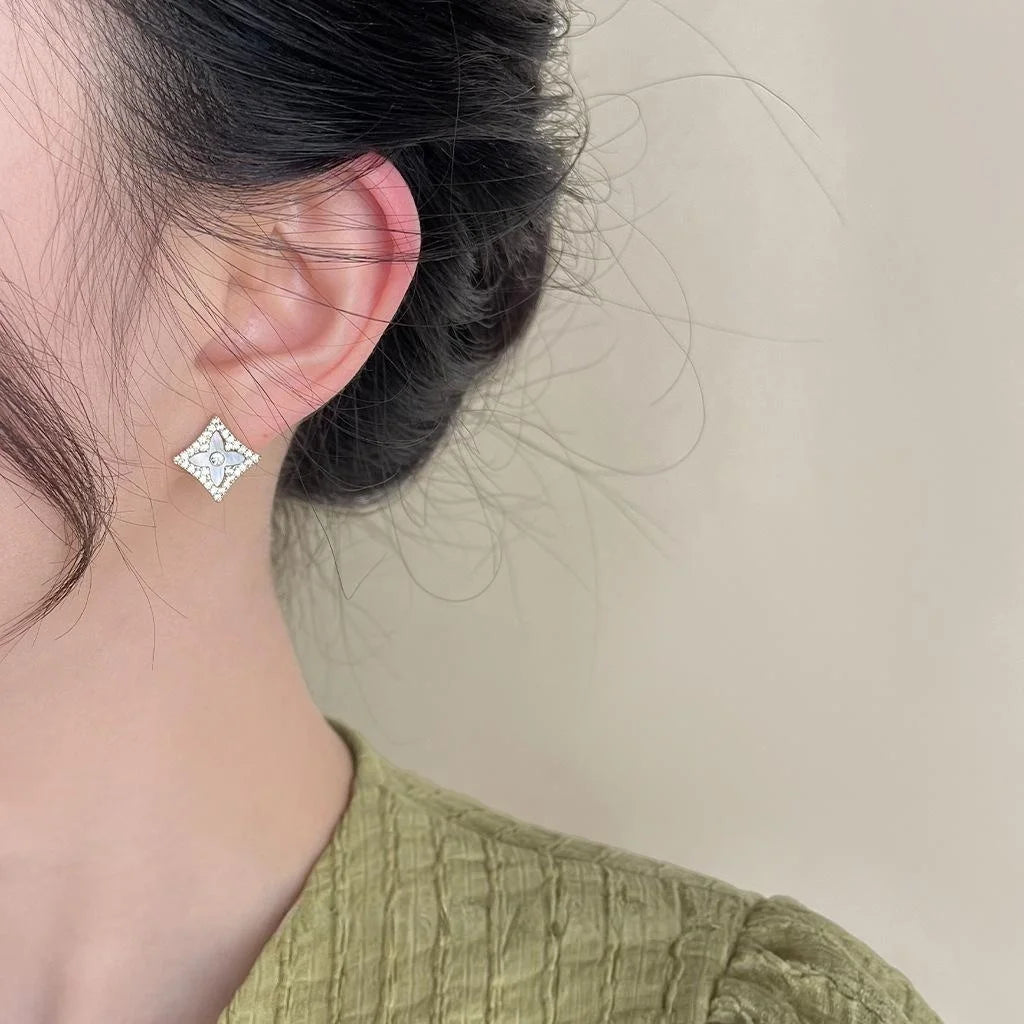 14K Gold Plated Copper Micro Pave Zircon Real Shell Geometric Square Luxury Stud Earrings