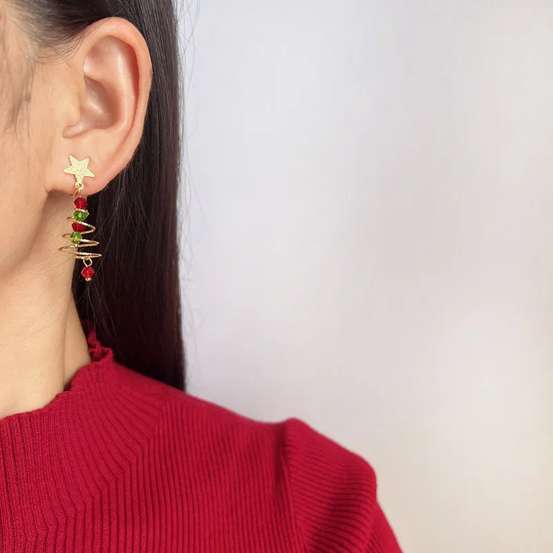 Elegant Handmade Christmas Tree Star Alloy Crystal Bead Stud & Clip On No Piercing Holiday Earrings